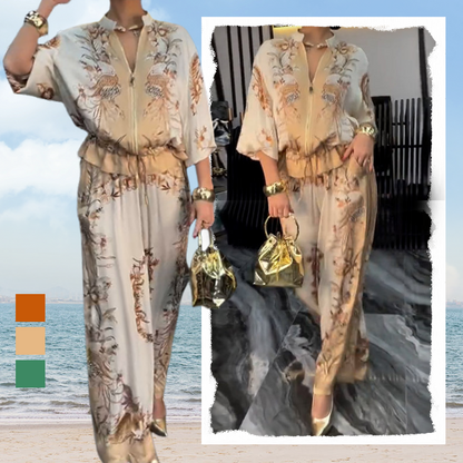 📢📢50% OFF ⏰Printed Zipper Top & Wide-Leg Pants 2-Piece Set
