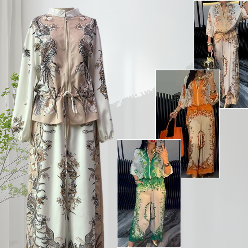 📢📢50% OFF ⏰Printed Zipper Top & Wide-Leg Pants 2-Piece Set