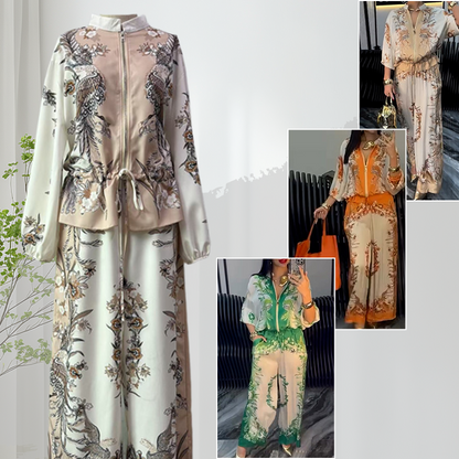 📢📢50% OFF ⏰Printed Zipper Top & Wide-Leg Pants 2-Piece Set