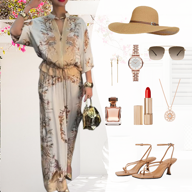 📢📢50% OFF ⏰Printed Zipper Top & Wide-Leg Pants 2-Piece Set