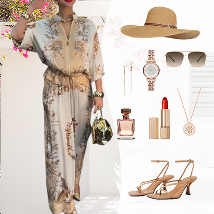 📢📢50% OFF ⏰Printed Zipper Top & Wide-Leg Pants 2-Piece Set