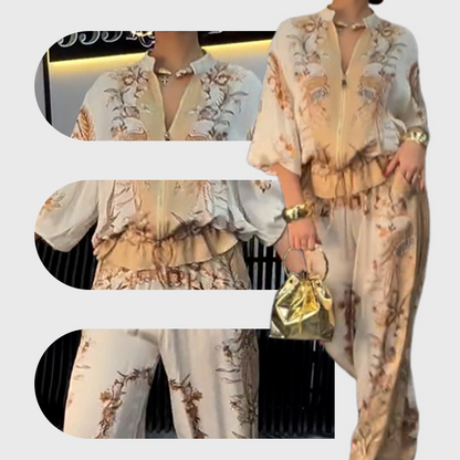 📢📢50% OFF ⏰Printed Zipper Top & Wide-Leg Pants 2-Piece Set