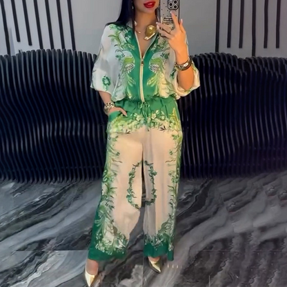 📢📢50% OFF ⏰Printed Zipper Top & Wide-Leg Pants 2-Piece Set