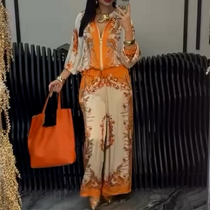 📢📢50% OFF ⏰Printed Zipper Top & Wide-Leg Pants 2-Piece Set