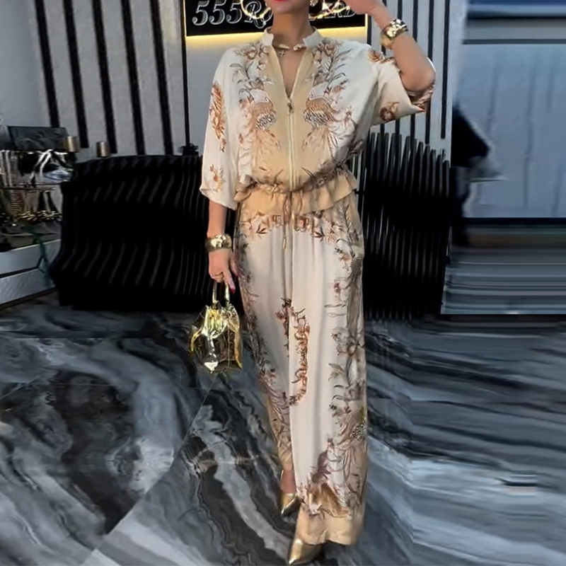 📢📢50% OFF ⏰Printed Zipper Top & Wide-Leg Pants 2-Piece Set