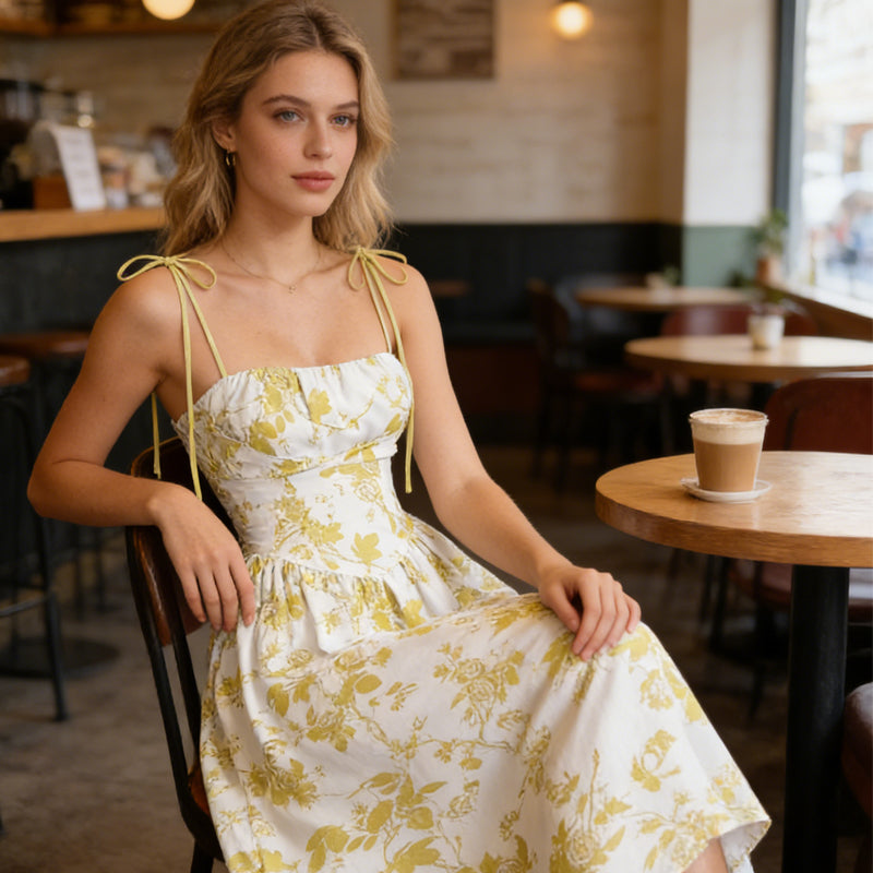 🌼 50% OFF NOW! 👗 Women's Floral Print Tie-Strap Midi Dress – Adjustable Straps, A-Line & Breathable Fabric 🌸