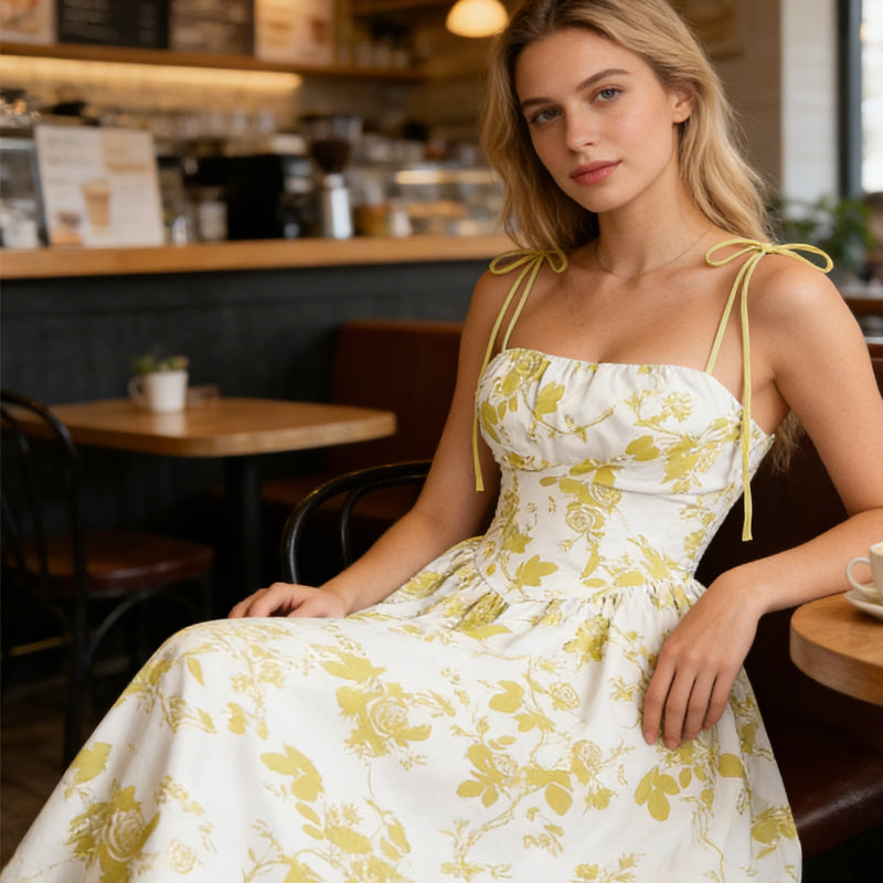 🌼 50% OFF NOW! 👗 Women's Floral Print Tie-Strap Midi Dress – Adjustable Straps, A-Line & Breathable Fabric 🌸