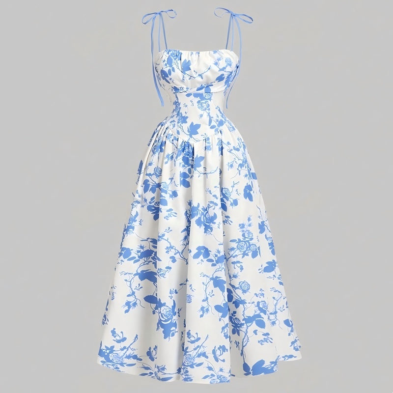 🌼 50% OFF NOW! 👗 Women's Floral Print Tie-Strap Midi Dress – Adjustable Straps, A-Line & Breathable Fabric 🌸