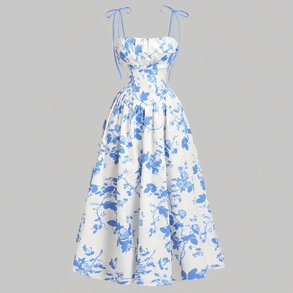 🌼 50% OFF NOW! 👗 Women's Floral Print Tie-Strap Midi Dress – Adjustable Straps, A-Line & Breathable Fabric 🌸