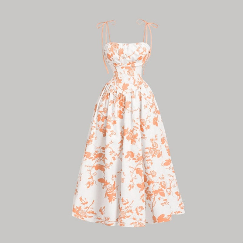 🌼 50% OFF NOW! 👗 Women's Floral Print Tie-Strap Midi Dress – Adjustable Straps, A-Line & Breathable Fabric 🌸