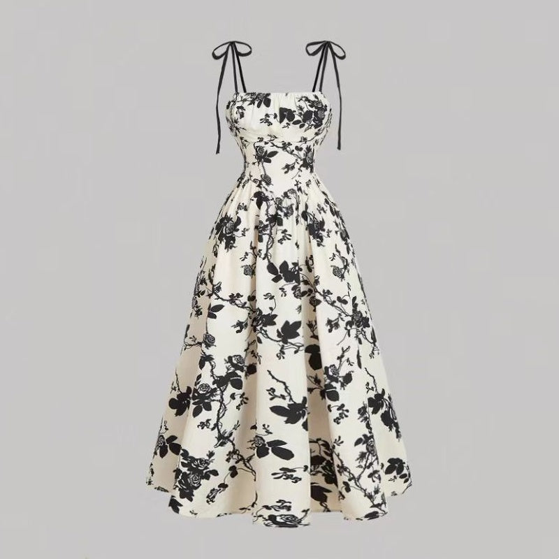 🌼 50% OFF NOW! 👗 Women's Floral Print Tie-Strap Midi Dress – Adjustable Straps, A-Line & Breathable Fabric 🌸