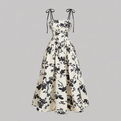 🌼 50% OFF NOW! 👗 Women's Floral Print Tie-Strap Midi Dress – Adjustable Straps, A-Line & Breathable Fabric 🌸