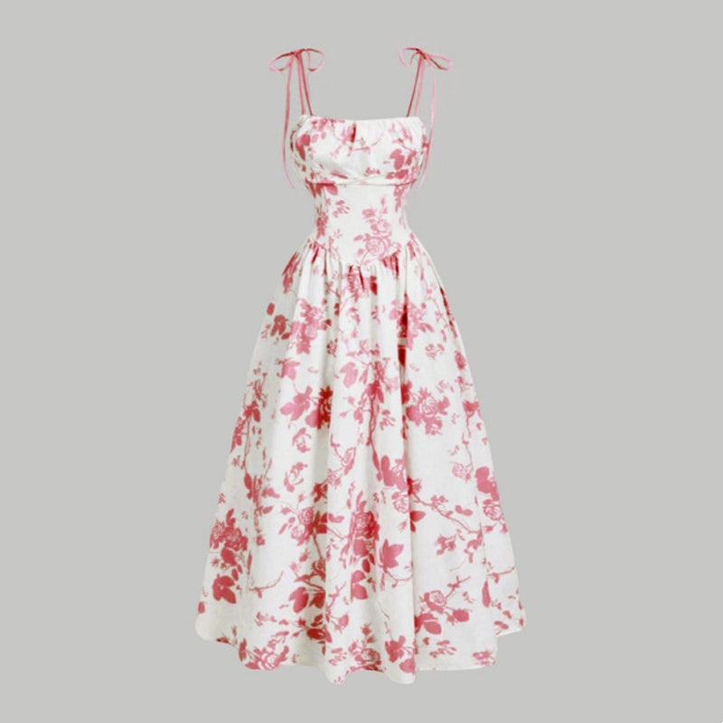 🌼 50% OFF NOW! 👗 Women's Floral Print Tie-Strap Midi Dress – Adjustable Straps, A-Line & Breathable Fabric 🌸