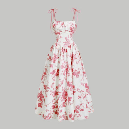🌼 50% OFF NOW! 👗 Women's Floral Print Tie-Strap Midi Dress – Adjustable Straps, A-Line & Breathable Fabric 🌸