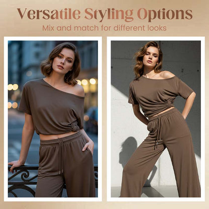 💎 -50% ON WOMEN'S OFF-SHOULDER TOP & PANTS 2-PIECE SET! 💎 Asymmetrical Design, Soft Fabric & Wide-Leg Pants ✨