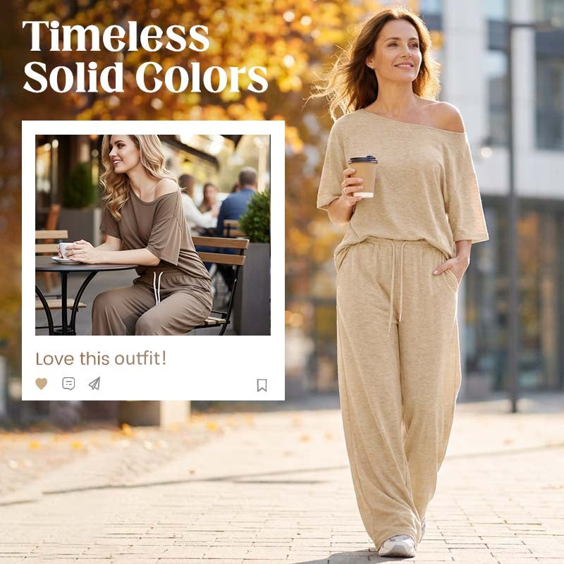 💎 -50% ON WOMEN'S OFF-SHOULDER TOP & PANTS 2-PIECE SET! 💎 Asymmetrical Design, Soft Fabric & Wide-Leg Pants ✨