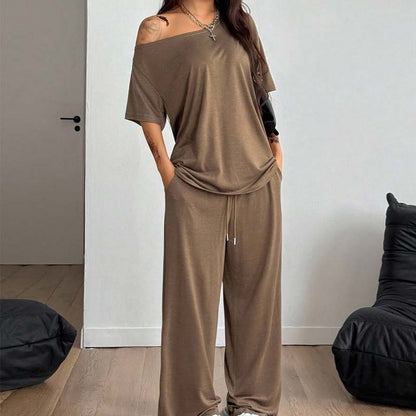 💎 -50% ON WOMEN'S OFF-SHOULDER TOP & PANTS 2-PIECE SET! 💎 Asymmetrical Design, Soft Fabric & Wide-Leg Pants ✨