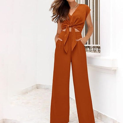 👗 53% OFF NOW! Women's Linen Two-Piece Set – Tie-Front Top & High-Waist Wide-Leg Pants 🌿