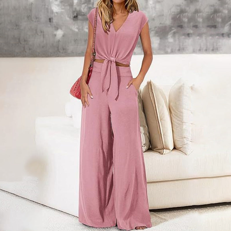 👗 53% OFF NOW! Women's Linen Two-Piece Set – Tie-Front Top & High-Waist Wide-Leg Pants 🌿