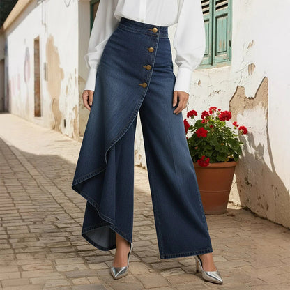 👖 50% OFF NOW! ✨ Asymmetrical Wrap Denim Skirt Pants – High-Waisted, Wide-Leg & Decorative Button Placket 🌟
