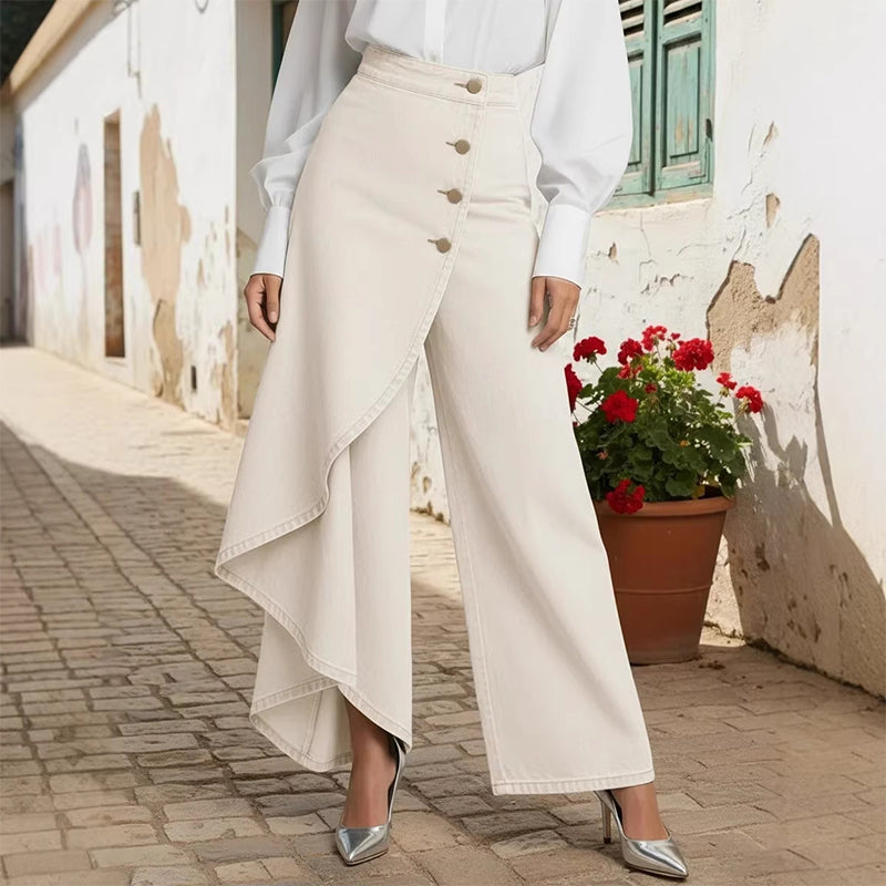 👖 50% OFF NOW! ✨ Asymmetrical Wrap Denim Skirt Pants – High-Waisted, Wide-Leg & Decorative Button Placket 🌟