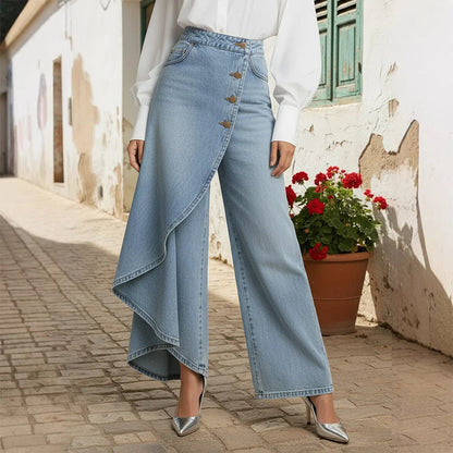 👖 50% OFF NOW! ✨ Asymmetrical Wrap Denim Skirt Pants – High-Waisted, Wide-Leg & Decorative Button Placket 🌟