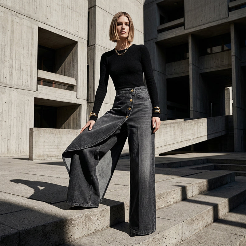 👖 50% OFF NOW! ✨ Asymmetrical Wrap Denim Skirt Pants – High-Waisted, Wide-Leg & Decorative Button Placket 🌟