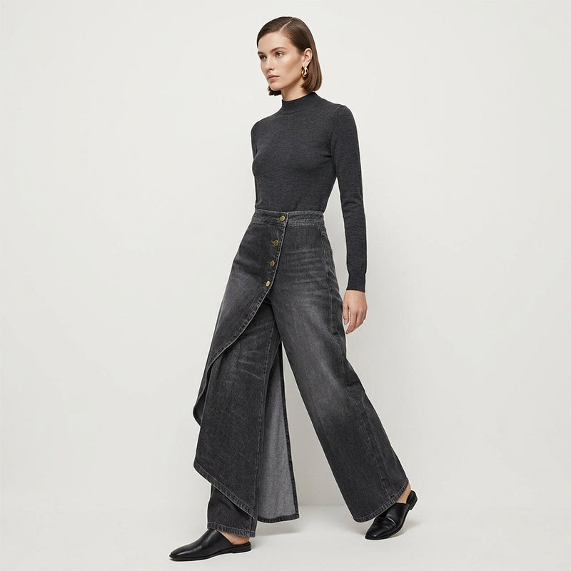 👖 50% OFF NOW! ✨ Asymmetrical Wrap Denim Skirt Pants – High-Waisted, Wide-Leg & Decorative Button Placket 🌟