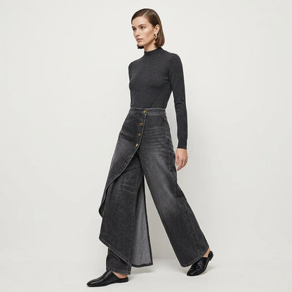 👖 50% OFF NOW! ✨ Asymmetrical Wrap Denim Skirt Pants – High-Waisted, Wide-Leg & Decorative Button Placket 🌟