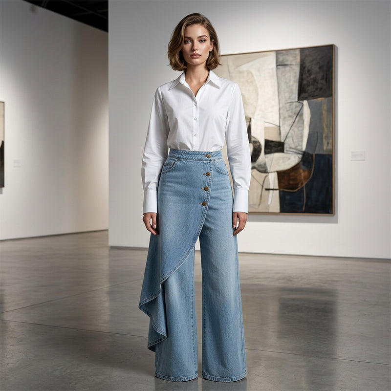 👖 50% OFF NOW! ✨ Asymmetrical Wrap Denim Skirt Pants – High-Waisted, Wide-Leg & Decorative Button Placket 🌟