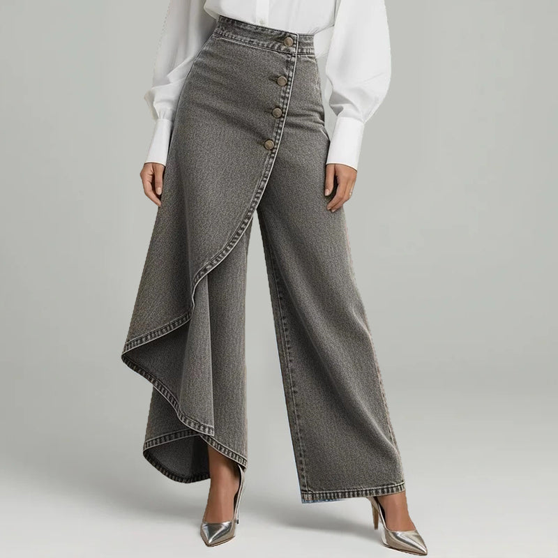 👖 50% OFF NOW! ✨ Asymmetrical Wrap Denim Skirt Pants – High-Waisted, Wide-Leg & Decorative Button Placket 🌟