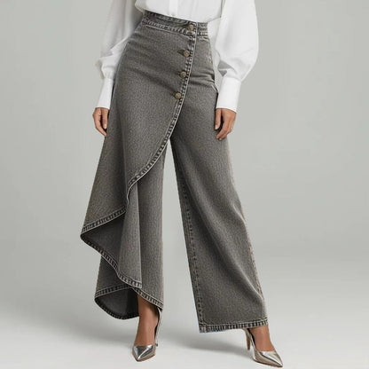 👖 50% OFF NOW! ✨ Asymmetrical Wrap Denim Skirt Pants – High-Waisted, Wide-Leg & Decorative Button Placket 🌟