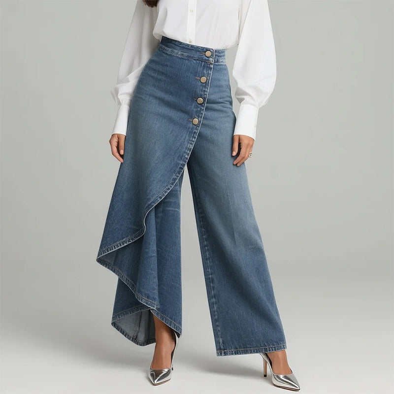 👖 50% OFF NOW! ✨ Asymmetrical Wrap Denim Skirt Pants – High-Waisted, Wide-Leg & Decorative Button Placket 🌟
