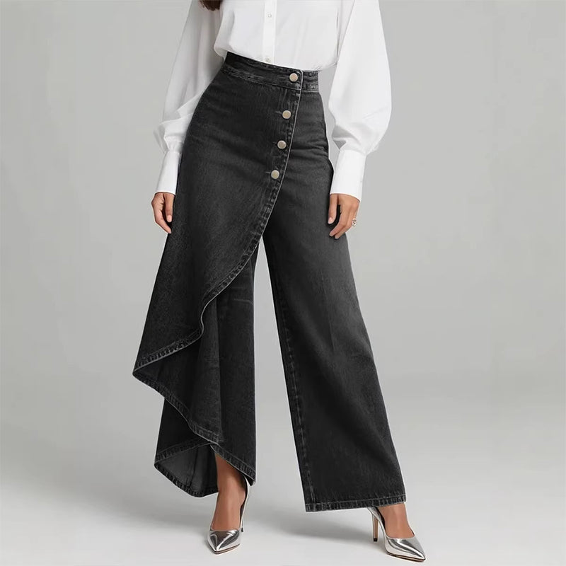 👖 50% OFF NOW! ✨ Asymmetrical Wrap Denim Skirt Pants – High-Waisted, Wide-Leg & Decorative Button Placket 🌟