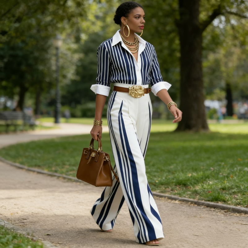 📢📢40% OFF !! ⏰Women's Striped Shirt & Wide-Leg Pants 2-Piece Set