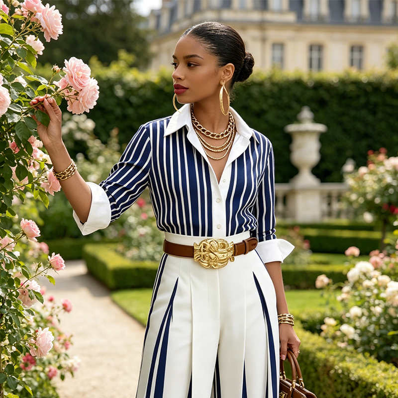 📢📢40% OFF !! ⏰Women's Striped Shirt & Wide-Leg Pants 2-Piece Set