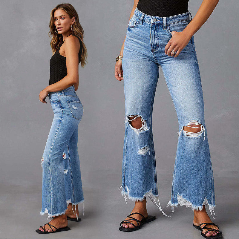 👖 50% OFF NOW! ✨ Women's High-Waisted Ripped Flare Jeans – Distressed Detailing, Cropped Flare Leg & Premium Stretch Denim 💙