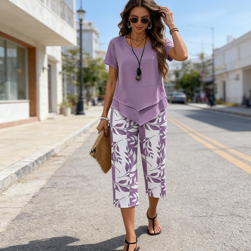 📢📢30% OFF !! ⏰Casual Round Neck Layered Tunic Top and Wide Leg Pants Set