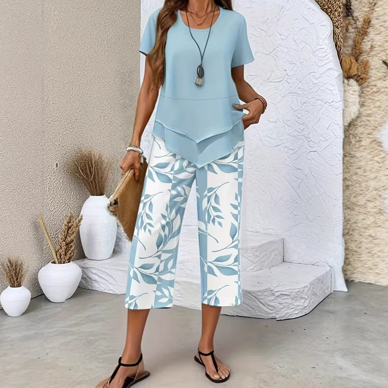 📢📢30% OFF !! ⏰Casual Round Neck Layered Tunic Top and Wide Leg Pants Set