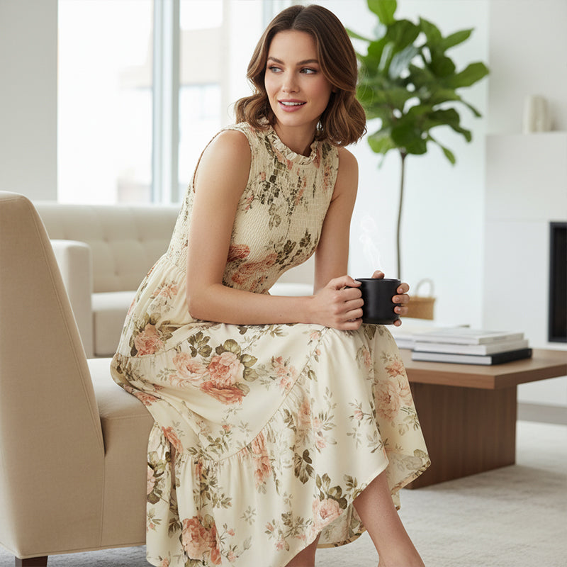👗 50% OFF NOW! 🌸 Women's Sleeveless Floral Print Casual Dress – Smocked Bodice, Flowy Tiered Skirt & Versatile Midi Length ✨