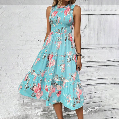 👗 50% OFF NOW! 🌸 Women's Sleeveless Floral Print Casual Dress – Smocked Bodice, Flowy Tiered Skirt & Versatile Midi Length ✨