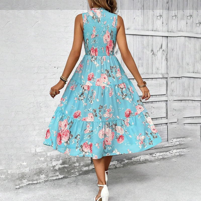👗 50% OFF NOW! 🌸 Women's Sleeveless Floral Print Casual Dress – Smocked Bodice, Flowy Tiered Skirt & Versatile Midi Length ✨
