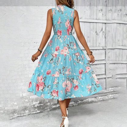 👗 50% OFF NOW! 🌸 Women's Sleeveless Floral Print Casual Dress – Smocked Bodice, Flowy Tiered Skirt & Versatile Midi Length ✨