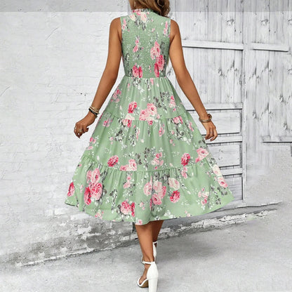 👗 50% OFF NOW! 🌸 Women's Sleeveless Floral Print Casual Dress – Smocked Bodice, Flowy Tiered Skirt & Versatile Midi Length ✨