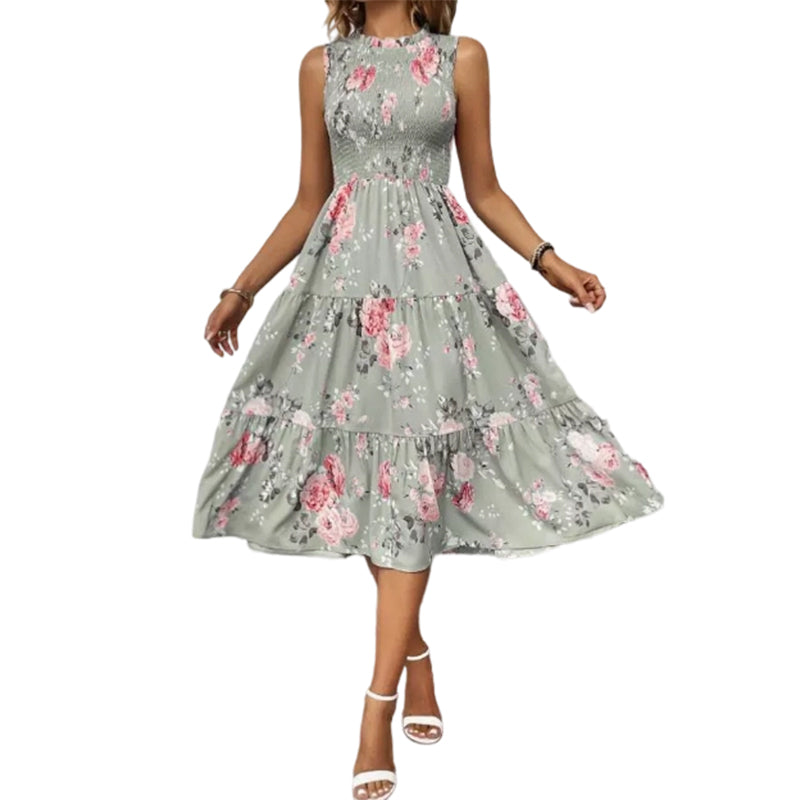 👗 50% OFF NOW! 🌸 Women's Sleeveless Floral Print Casual Dress – Smocked Bodice, Flowy Tiered Skirt & Versatile Midi Length ✨