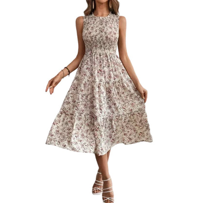 👗 50% OFF NOW! 🌸 Women's Sleeveless Floral Print Casual Dress – Smocked Bodice, Flowy Tiered Skirt & Versatile Midi Length ✨