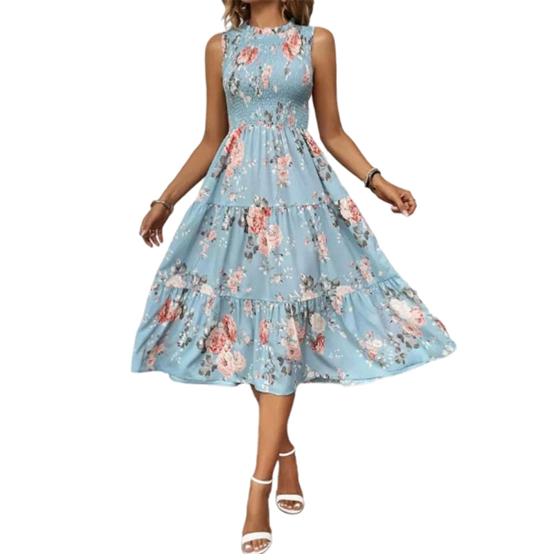 👗 50% OFF NOW! 🌸 Women's Sleeveless Floral Print Casual Dress – Smocked Bodice, Flowy Tiered Skirt & Versatile Midi Length ✨