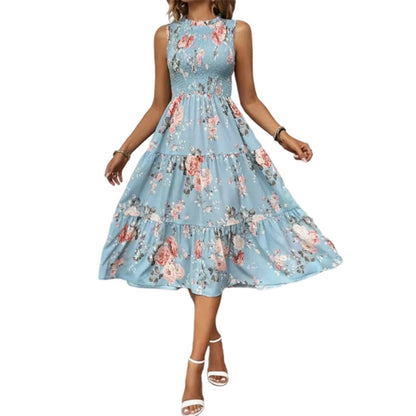 👗 50% OFF NOW! 🌸 Women's Sleeveless Floral Print Casual Dress – Smocked Bodice, Flowy Tiered Skirt & Versatile Midi Length ✨