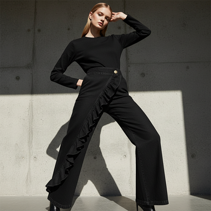 ⏳Limited-time 50% off⏰Women’s Asymmetrical Ruffle Wide-Leg Denim Pants👖