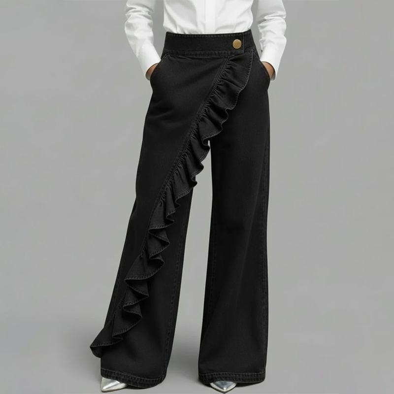 ⏳Limited-time 50% off⏰Women’s Asymmetrical Ruffle Wide-Leg Denim Pants👖